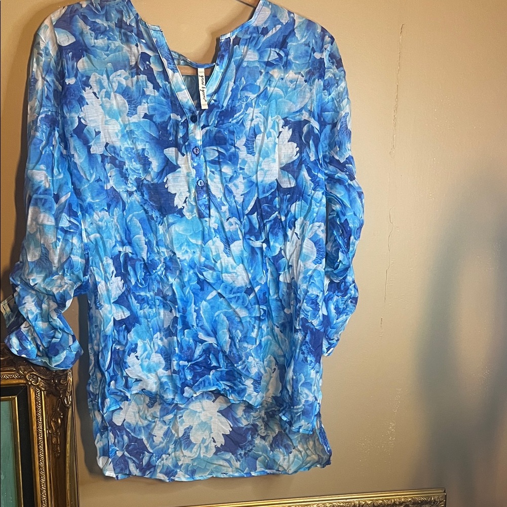 grand & greene Blue Floral V-Neck Button Tunic
